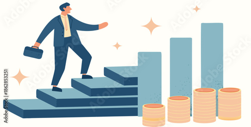 Businessman climbing success stairs with growing graph and money