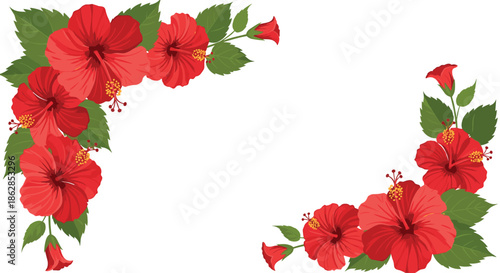 Vibrant red hibiscus flowers and fresh green leaves gracefully frame the corners, creating a cheerful, tropical border on a clean white background.