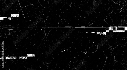 Old film texture with scratches, noise and glitch shapes. Realistic overlay film texture in black-white, dust and grain.