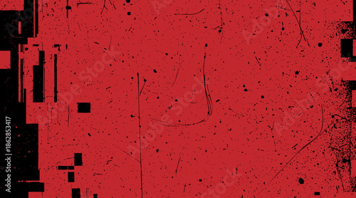 Red old film texture with scratches, noise and glitch shapes. Realistic overlay film texture in black-white, dust and grain.