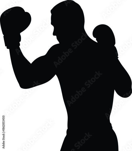 Dynamic silhouette of a boxer raising a gloved hand in a protective fighting position