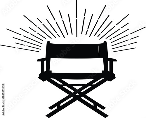 Film director chair silhouette with radiant sunburst lines representing cinema production creativity leadership filmmaking entertainment industry vector illustration icon
