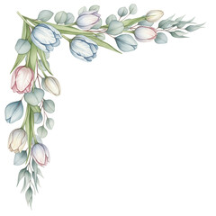 Soft watercolor floral corner border featuring tulips and eucalyptus in pastel blue isolated on white background.png