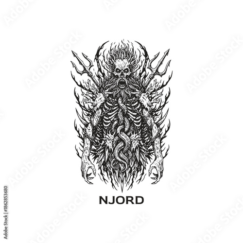 Njord norse god of the sea skeleton character with trident and tentacles in vintage woodcut engraving style.