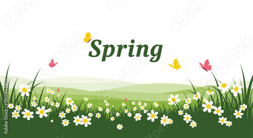 A vibrant illustration celebrating spring with white daisy flowers, lush green grass, rolling hills, and colorful butterflies under the word 'Spring'.