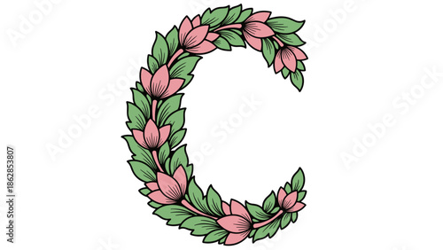 Letter C Formed by Floral Shapes — Soft Pink and Sage Green Pastel Vector with Dark Outline