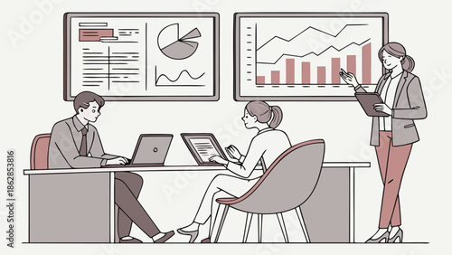 Business professionals analyzing data and presenting reports in modern office