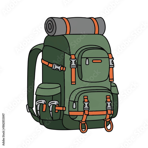 A sturdy green hiking backpack with orange straps and multiple pockets ready for travel and adventure.