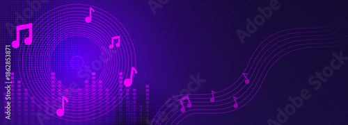 Purple music abstract background with glowing sound waves and digital equalizer illustration