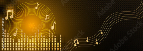 Golden music abstract background with sound waves equalizer and glowing musical notes design