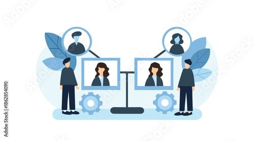 Modern team collaboration with remote coworkers on computer screens