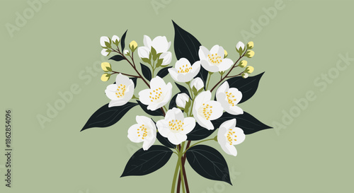 Elegant illustration of a fragrant jasmine bouquet featuring delicate white blossoms, yellow buds, and deep green leaves against a serene sage background.