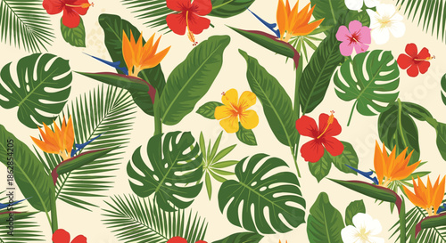 Vibrant tropical seamless pattern featuring exotic hibiscus and bird of paradise flowers alongside lush monstera leaves and palm fronds.