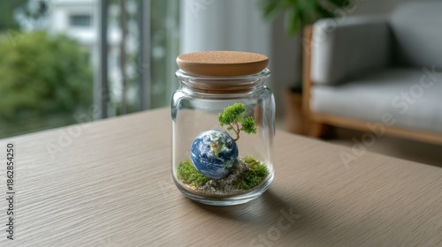 Small glass jar holding a miniature earth with a tree and moss on a wooden table in a bright room