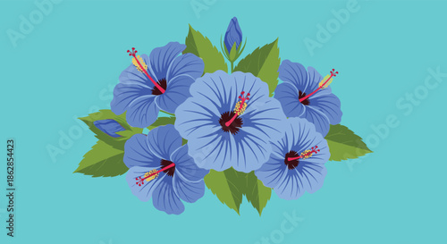 A vibrant bouquet of blue hibiscus flowers with lush green leaves and buds arranged on a bright turquoise background.