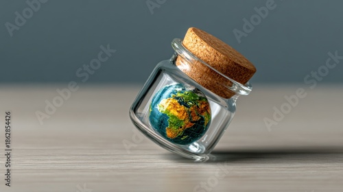 Small glass jar with cork lid holding a globe spinning on a wooden surface in soft light