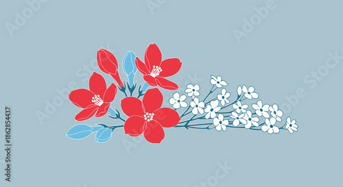 A lovely minimalist floral illustration featuring bright red blossoms, delicate white wildflowers, and subtle blue foliage on a serene blue-grey background.