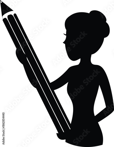 Creative woman silhouette holding an oversized pencil symbolizing education, writing, and artistic expression