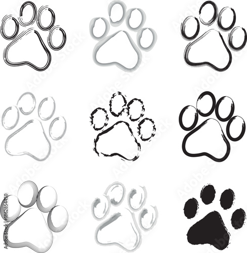 Paw Prints. Cute pets and Dogs pets paw print isolated on white background. Animal paw prints.