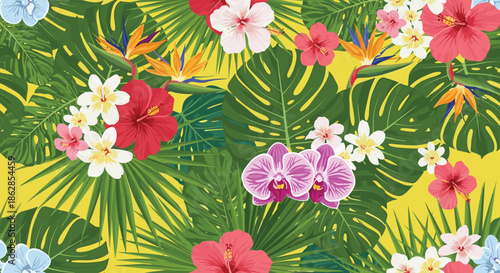 Vibrant tropical floral pattern with exotic flowers like hibiscus, plumeria, orchids, and bird of paradise, amidst lush green palm and monstera leaves on a cheerful yellow background.