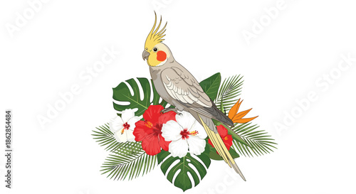 An illustration of a charming grey cockatiel with a yellow crest and orange cheek patches, perched amidst vibrant tropical flowers and lush green leaves.