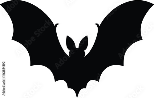 Dark black bat silhouette with broad wings fully extended perfect for spooky Halloween season projects