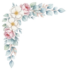 Soft watercolor floral corner border featuring wild roses and eucalyptus in pastel blue isolated on white background.png