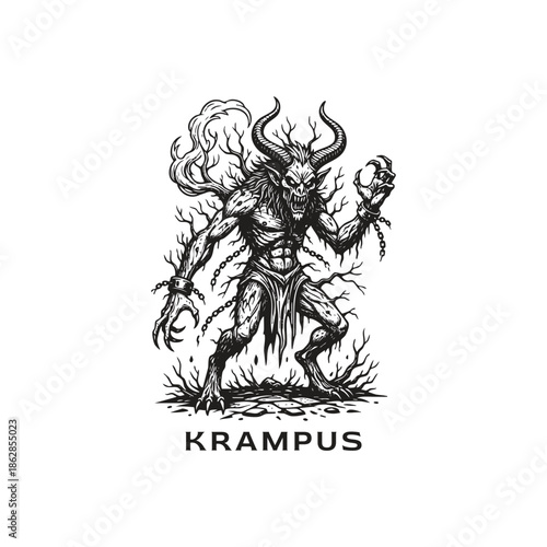 Hand drawn vintage engraving of Krampus mythical creature with horns and chains isolated on white background.