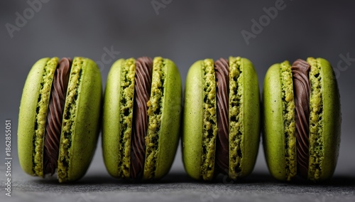 Exquisite Lime Green Macarons with Decadent Chocolate Filling, Elegant Studio Food Photography.