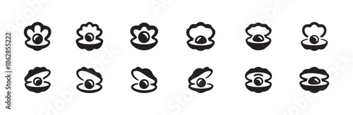 Oyster and clam shell icons set, collection of open and closed seashells with pearls inside