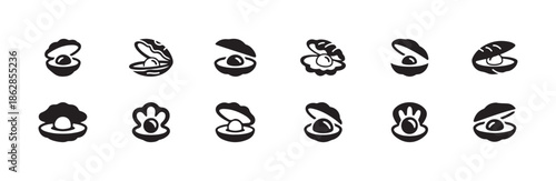 Oyster and clam shell icons set, collection of open and closed seashells with pearls inside