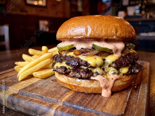 Juicy double smash burger with melted cheese, pickles, and dripping sauce served with crispy french fries on a wooden board in a warm rustic restaurant setting.