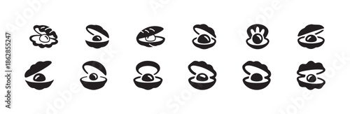 Open oyster shells with pearls inside various cartoon styles collection