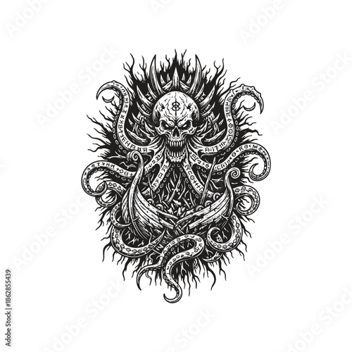 Dark aesthetic viking skull illustration with octopus tentacles, drakkar ship, and ancient nordic runes in hand drawn style.