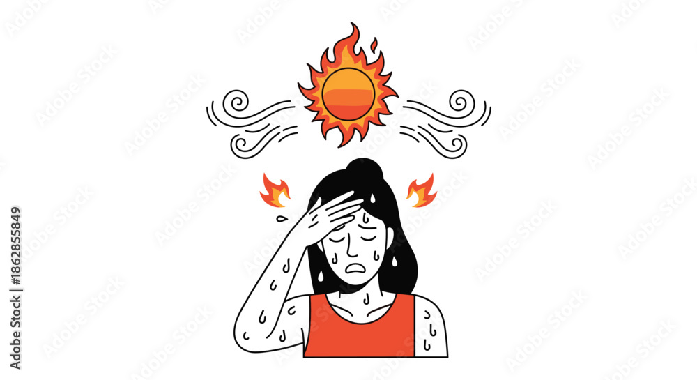 Obraz premium Sweating woman holding her head under a burning hot sun, representing heat stroke and summer weather conditions.