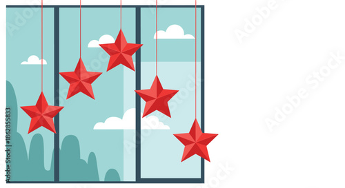 Festive scene with red three dimensional stars hanging in a window against a blue sky with soft white clouds.