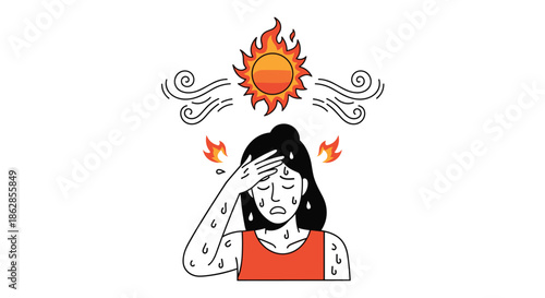 Sweating woman holding her head under a burning hot sun, representing heat stroke and summer weather conditions.