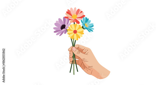 Realistic hand holding a small bouquet of various colorful flowers including daisy and sunflower on white background.