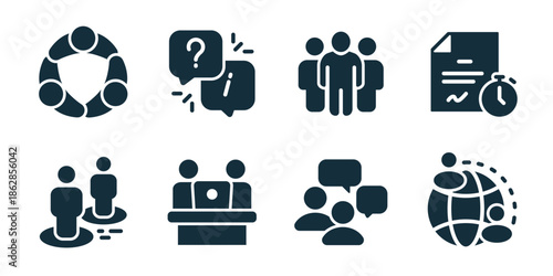Cooperation and teamwork icon collection. Community circle, question discussion, group people, timed document, location teamwork, office meeting, group chat, global connection