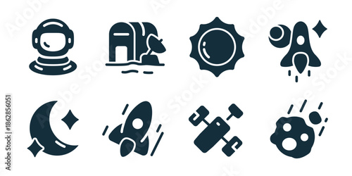 Cosmos and galaxy icon collection. Astronaut helmet, space base, sun star, rocket launch, night moon, fast spacecraft, satellite orbit, asteroid impact