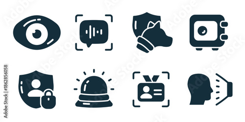 Security systems excellent icon collection. Eye monitoring, voice recognition, guard dog protection, secure device camera, user shield lock, alarm system, ID scan, face verification