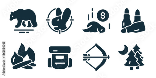 Hunting excellent icon collection. Bear wildlife, rabbit target, animal reward, campfire rest, backpack gear, bow weapon, night forest