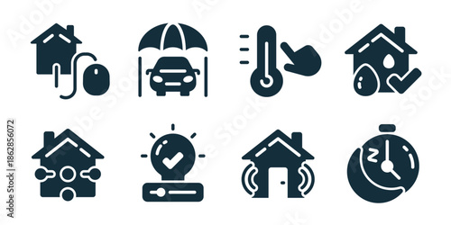 Smart house excellent icon collection. Remote control, car cover, temperature control, water safety, home network, assistant hub, sound protection, energy timer