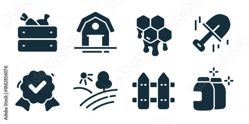 Farm and agriculture excellent icon collection. Barn, honeycomb, shovel, quality badge, field landscape, fence gate, fertilizer can, harvest crate