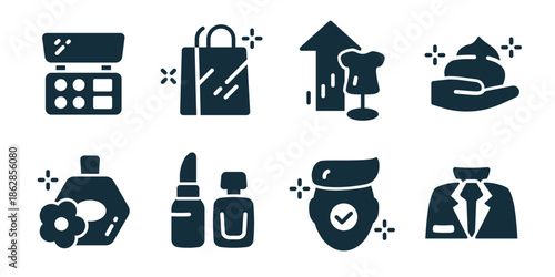 Beauty and fashion excellent icon collection. Makeup palette, shopping bag, trend mannequin, hand cream, soap flower, lipstick, cosmetic bag, suit