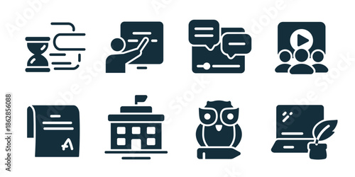 School and education excellent icon collection. Teacher lesson, student notes, dialogue board, video class, textbook, school building, owl symbol, laptop writing