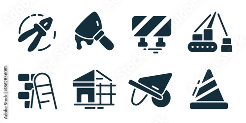 Construction excellent icon collection. Pliers, paint brush, road barrier, conveyor crane, ladder, building frame, wheelbarrow, safety cone