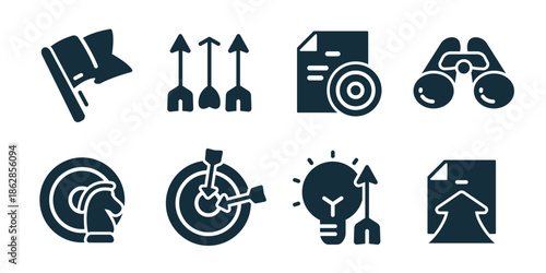 Goal and target excellent icon collection. Flag goal, progress arrows, result document, binoculars vision, decision choice, precise hit target, smart idea, success upload