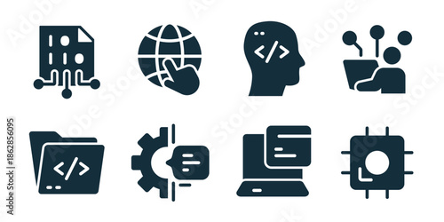 Programming excellent icon collection. Web document, global network click, code head, idea folder, code directory, system gear, laptop coding, processor chip