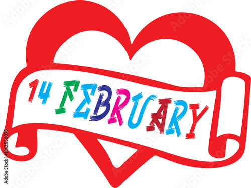 A vibrant red heart with a colorful banner displaying 14 february